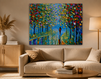 Peinture sur toile texturée Impasto, sentier de parc d'automne avec figure, paysage abstrait d'arbre, art mural pour la maison ou le bureau