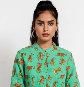 New Arrival Winter Leopard Print Quilted Reversible <b>Kantha</b> Cotton Long Sleeve <b>Jacket</b> Soft Breathable Hand-Stitched Traditional - Product Image 1