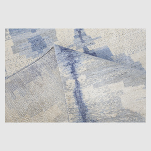 Alfombra de Área de Ikat de Lana y Seda Anudada a Mano, Suave, Azul Cielo y Marfil, Geométrica, Desgastada, Moderna, para Sala de Estar - Product Image 5