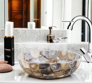 Lavabo Redondo de Ágata Blanca Gris de Lujo, Lavabo de Piedra Semipreciosa Natural para Baño - Product Image 1