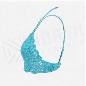 Women's Handmade Crocheted <b>Bikini</b> Top Deep V Neck Hollow Out <b>Blue</b> Cotton Swimwear - Product Image 3