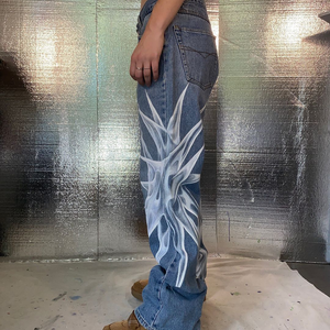 Hand Painted Bleach Stone Wash Denim <b>Jeans</b> Mid <b>Waist</b> Straight Loose Fit Full Length Streetwear Woven Cotton Pants - Product Image 4