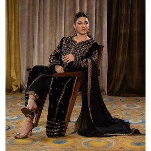 ผ้ากำมะหยี่ปักลายแฟชั่นเรียงตามลำดับพื้นล่างสุดด้วยสีดำ dupatta - Product Image 5