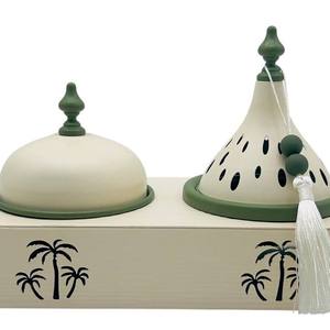 Ensemble de brûleurs d'encens en métal de luxe motif palmier, tour à bakhoor découpée en forme de goutte de pluie avec pot de rangement à couvercle et brûleur à bakhoor de présentation - Product Image 4