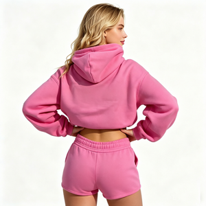 Ensemble sweat-shirt court rose à col ras du cou, coupe classique, en molleton, manches courtes, short assorti, unisexe, hiver, 100% coton - Product Image 1