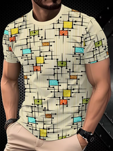 Camiseta de manga corta con estampado geométrico para hombre, estampado digital, algodón, informal, cuello redondo, corte regular, multicolor - Product Image 6