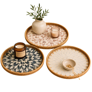 BEST SELLING Plateau floral en mosaïque de rotin écologique et durable, fait main, unique, résistant, de qualité alimentaire, centre de table décoratif - Product Image 1