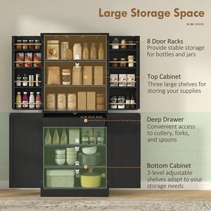 8 Door Racks and Adjustable Shelves Black 72\" Tall <b>Kitchen</b> <b>Pantry</b> Cabinet Modern Farmhouse Storage with Particle Board Design - Product Image 4