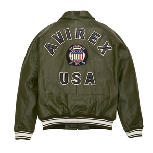 เสื้อแจ็คเก็ตบอมเบอร์หนังสีเขียวมะกอกสำหรับผู้ชายยี่ห้อ Avirex พร้อมป้ายปัก ซิปด้านหน้า คอเสื้อแบบคอกลม ทรงไฮสตรีท กันน้ำ สำหรับฤดูหนาว - Product Image 2