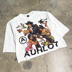T-shirt court blanc oversize pour homme Aurlot, imprimé graphique vintage, ourlet brut, manches courtes, col rond, streetwear, hip hop, décontracté - Product Image 1