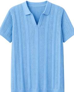 Polo tricoté bleu ciel personnalisé pour homme, manches courtes, maille torsadée, coupe ajustée décontractée pour l'été, fabricant OEM en gros - Product Image 1