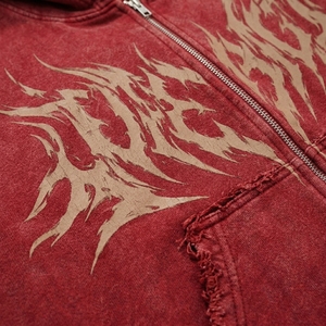 Red Distressed <b>Zip</b> <b>Up</b> <b>Hoodie</b> Men Oversized Streetwear <b>Graphic</b> Fleece Sweatshirt Custom Casual Fashion Jacket - Product Image 5