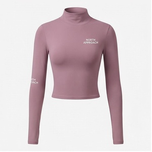 North Approach Women's <b>Turtleneck</b> <b>Crop</b> <b>Top</b> Full Sleeve Solid Color Yoga Wear Breathable Spandex Polyester Sportswear - Product Image 1