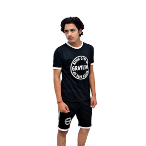 เสื้อยืดคอกลมพิมพ์ลายสกรีนผ้าฝ้าย 100% แต่งขอบตัดสี ดีไซน์ล่าสุด ชุดเซ็ตเสื้อยืดและกางเกงขาสั้นผู้ชาย สีบล็อค ชุดแทรคสูท - Product Image 1