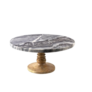 Support à gâteau en marbre blanc avec pieds cylindriques en bois, plateau rond pour pâtisserie, présentoir à dessert élégant, plateau de service en pierre - Product Image 2
