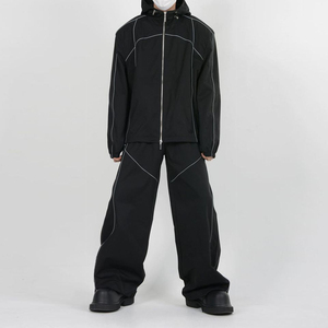 Custom Black Tracksuit Men Oversized Hooded Windbreaker <b>Jacket</b> Wide Leg Baggy Pants <b>Reflective</b> Piping Streetwear OEM Manufacture - Product Image 4