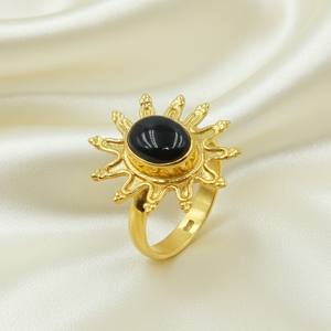 Anillo de ónix negro con diseño de rayos de sol, plata de ley 925, chapado en oro rosa y oro amarillo, estilo vintage, hecho a mano, joyería boho, regalo para mujer - Product Image 1