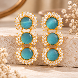 Gold Plated Blue Monalisa Stone Earrings Pearl <b>Cluster</b> Triple Drop Statement Earrings for Women Wholesale Indian Jewelry - Product Image 1
