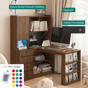 Escritorio de Estudio Moderno en Forma de L para Oficina en Casa con Luz LED, Cajones y Estantería para Escribir y Leer - Product Image 3