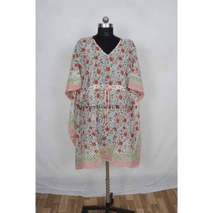 Elegante Caftán Informal de Algodón, Ligero, Transpirable, Hecho a Mano, con Estampado Floral, Estilo Boho, Reversible, Cuello en V, con Cordón Ajustable - Product Image 3