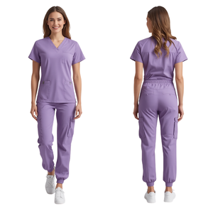 Uniforme Médico Elástico Color Lavanda Púrpura para Mujer, Diseño Moderno con Cuello en V, Uniforme Profesional para el Cuidado de la Salud con Pantalones Tipo Jogger - Product Image 1
