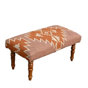 Banco de madera tapizado con kilim de lana y yute tejido a mano |   Banco con Patrón Tribal Rústico para Sala de Estar, Entrada y Dormitorio - Product Image 1