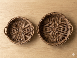 Eco Friendly Handmade Natural Rattan Serving Tray Set Round Woven <b>Wicker</b> <b>Basket</b> With <b>Handles</b> For Home Decor Storage Serving - Product Image 3