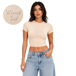 Custom Design Puff Embroidered Baby Tee Half Sleeve Slim Fitted women's shirt Solid Cotton Knitted Spring Summer Lightweight Top - Product Image 5
