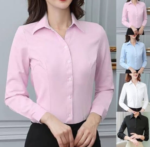 เสื้อเชิ้ตสีชมพูสำหรับผู้หญิง แขนยาว ปกคอปก ผ้าโพลีเอสเตอร์ระบายอากาศได้ดี เหมาะสำหรับใส่ทำงานหรือธุรกิจ ทรงปกติ - Product Image 3