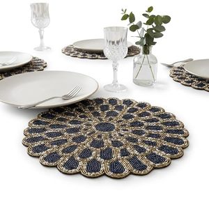 <b>Round</b> Bohemian Embroidered <b>Table</b> Mat Navy Gold Fabric Handmade 450mm Diameter - Product Image 1