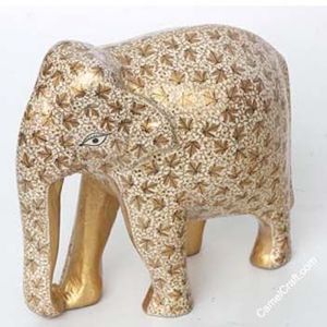 Wooden Elephant <b>Statue</b> With <b>Gold</b> Inlay Decor Indian Traditional Style Brown Color Decorative Figurine - Product Image 3