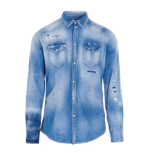 เสื้อเชิ้ตเดนิมสีฟ้าอ่อนคุณภาพสูงสำหรับผู้ชาย แขนยาว ล้างสีแบบ Bleach Stone Wash แต่งขาดรุ่ย กระดุมหน้า สไตล์ลำลอง ขายดี - Product Image 1