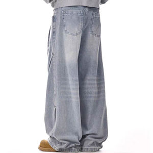 Jeans Baggy de Mezclilla de Alta Calidad 100% Algodón 14 oz para Hombre, Personalizados, Azul Claro, Lavado Ácido, Corte Recto y Holgado, Estilo Hip Hop para Otoño - Product Image 3