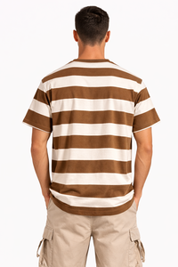 Camiseta de cuello redondo a rayas para hombre Heritage Brown, camiseta informal de algodón suave, esencial para el verano, de manga corta, ofrece comodidad duradera - Product Image 3