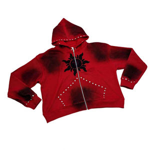 2026 Sweat à capuche zippé pour homme, personnalisé, délavé à l'acide, effet vieilli, patchwork, strass, coupe oversize et carrée, brodé - Product Image 1