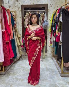 Sari en soie Vichitra bicolore de créateur, magnifique broderie au fil, travail de zari, paillettes, haute qualité, pour mariage, fête, vêtements indiens - Product Image 3