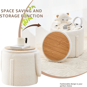 White Velvet Storage Ottoman <b>Round</b> Footrest Vanity <b>Stool</b> Teddy Style Footrest for Comfort & Organization - Product Image 3