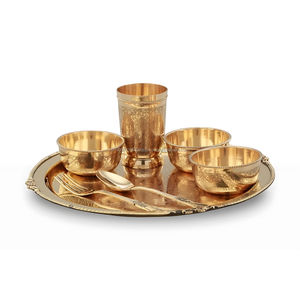 Juego de Vajilla Kansa de Bronce, Grabado, Acabado Brillante, Juego de 6 Piezas, Vajilla Tradicional para Rituales de Comedor - Product Image 1