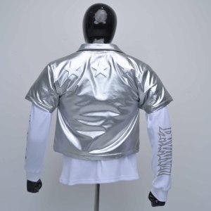 Premium Quality Custom Men's <b>Silver</b> PU Bomber <b>Jacket</b> Star Embossed Zipper Front Streetwear Short Sleeve Turn-down Collar <b>Jackets</b> - Product Image 2