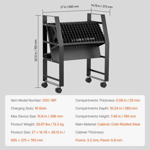 Stazione di ricarica mobile per 16 dispositivi, fino a 15,6 pollici di dimensione dello schermo, carrello di ricarica da pavimento per ufficio e aula - Product Image 4
