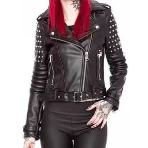 แจ็คเก็ตหนังแท้ 100% สำหรับผู้หญิง ตกแต่งด้วยหมุด พร้อมซับในผ้าฝ้าย ผลิตโดยผู้ผลิตมืออาชีพจากปากีสถาน มีจำหน่ายแล้ว - Product Image 4