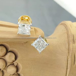 Princess Cut Diamond <b>Stud</b> <b>Earrings</b> in Yellow Gold | Classic Solitaire <b>Studs</b> | Luxury Bridal Wedding Anniversary Gift for Her - Product Image 2