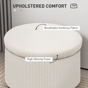 Pouf Contenitore Rotondo da 24 Pollici in Velluto a Coste Beige con Coperchio, Poggiapiedi e Panca per Casa, Ufficio, Soggiorno, Camera da Letto - Product Image 5