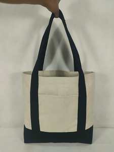 Women <b>Canvas</b> <b>Tote</b> <b>Bag</b> with Front Pocket and <b>Black</b> Handles - Product Image 1
