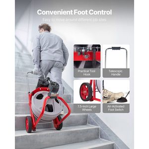 Macchina Portatile per la Pulizia degli Scarichi con Spirale Autoalimentata da 8 Piedi Cubi, Ruote e Cavo da 100 Piedi x 3/8 Pollici - Product Image 6