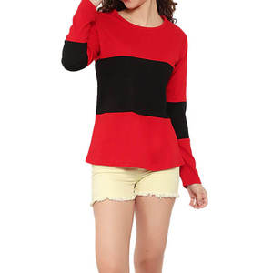 T-shirt à manches longues pour femme, col rond, tricoté, décontracté, coupe ample, anti-plis, 100% coton, color block rouge et noir, avec logo - Product Image 4