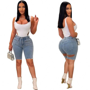Promotion 2025 – Short en jean personnalisé en coton pour femme avec poches, pantalon en jean déchiré pour femme, jean pour femme avec perles - Product Image 1