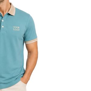 Camiseta Polo Personalizada Azul Cielo y Beige para Hombre, Manga Corta, Informal, para Golf, OEM, Marca Privada, Transpirable, Uniforme, Venta al Por Mayor - Product Image 4