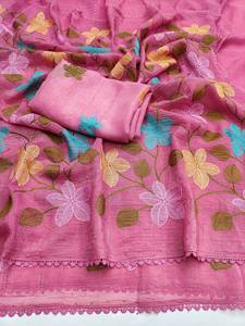 Sari en coton brodé de fleurs roses avec bordure en dentelle, tenue traditionnelle indienne pour femmes, toutes saisons - Product Image 4