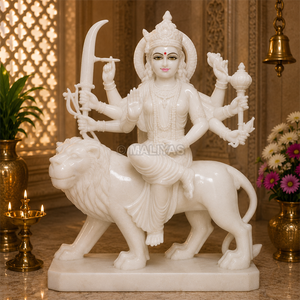 White Marble Durga Maa Statue on Lion | Handcrafted Ashtabhuja Durga Mata Murti by MALIYAS Jaipur - Product Image 1